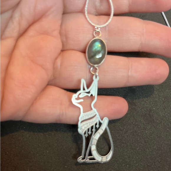 Moonstone bastet necklace, labradorite Egyptian bast necklace, silver bast - Picture 3 of 5